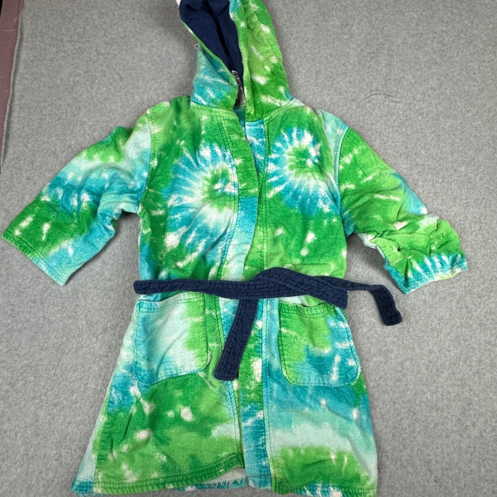 Saint Eve Kids Green Blue Tie Dye Dinosaur Hooded Terry Cloth Robe Size M 10/12